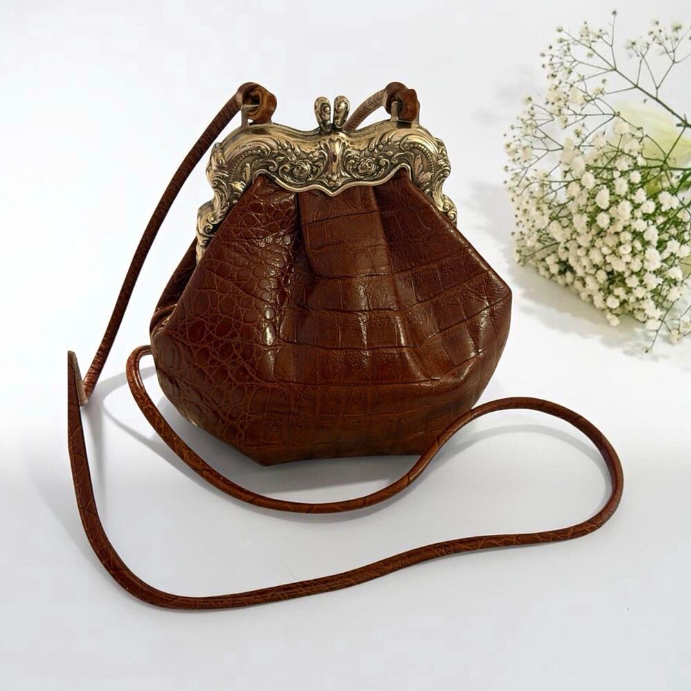 Vintage Brighton One World Brown Croc Embossed Kiss Lock Crossbody Bag 4035/1